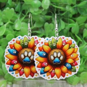 Colorful Paw Print Sunflower Earrings